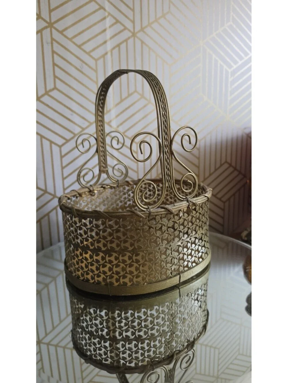 Vintage Perforated Gold Metal Scroll And Wood Basket